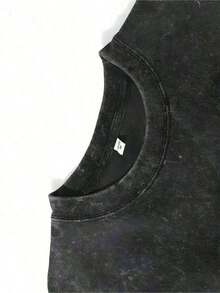 Men's Vintage Washed Y2g Streetwear Casual T-Shirt-Men's Heavy Weight Retro Washed Loose T-Shirt-Second-Hand Black Color Nostalgic Workout Shirt With White Greek Letter Print, Round Neck Short Sleeve Casual And Sports Top, Machine Washable Suitable For Fitness, Daily Wear And Wear Bandage Dress (Durable Retro Appearance, Youth Loose Design, Comfortable Fit, Long-Term Non-Fading, Ideal For Leisure And Fitness)-Thick Fabric, Distressed Texture, Young Style, Suitable For Gym And Weekend Wear, Plus Size-Suitable For Daily Wear, Party2025 - Đen-c - Xem 4