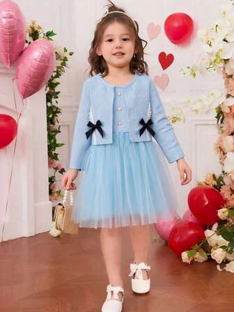 BASUSARRI 2pcs Girls Long Sleeve Cardigan & Bowknot Waist Dress Set, Cute Minimalist Fashion Versatile Dress For Party, Outing, Birthday, Princess Style, Autumn/Winter