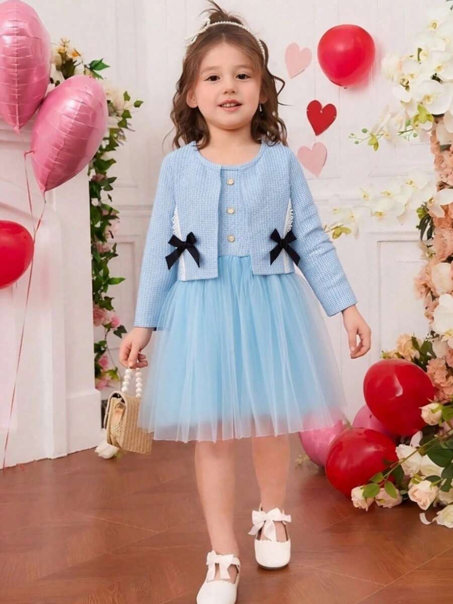 BASUSARRI 2pcs Girls Long Sleeve Cardigan & Bowknot Waist Dress Set, Cute Minimalist Fashion Versatile Dress For Party, Outing, Birthday, Princess Style, Autumn/Winter