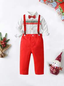 两件套男婴绅士套装，长袖衬衫印有圣诞树图案，配有蝴蝶结和红色背带裤，时尚百搭，适合生日、周岁生日、婚礼、圣诞派对等场合。 - 紅色 - 查看 5
