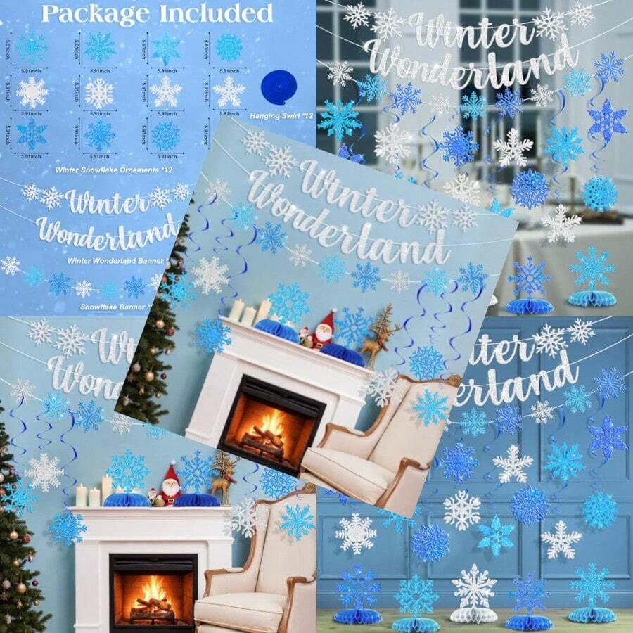Ouddy Life 36 Pcs Winter Wonderland Christmas Decorations Hanging Snowflake Swirls Ceiling Streamers Glitter Paper Spiral Snowflakes Ornaments Banners Honeycomb For Xmas Frozen Party Birthday Decor - 銀藍 - 查看 1