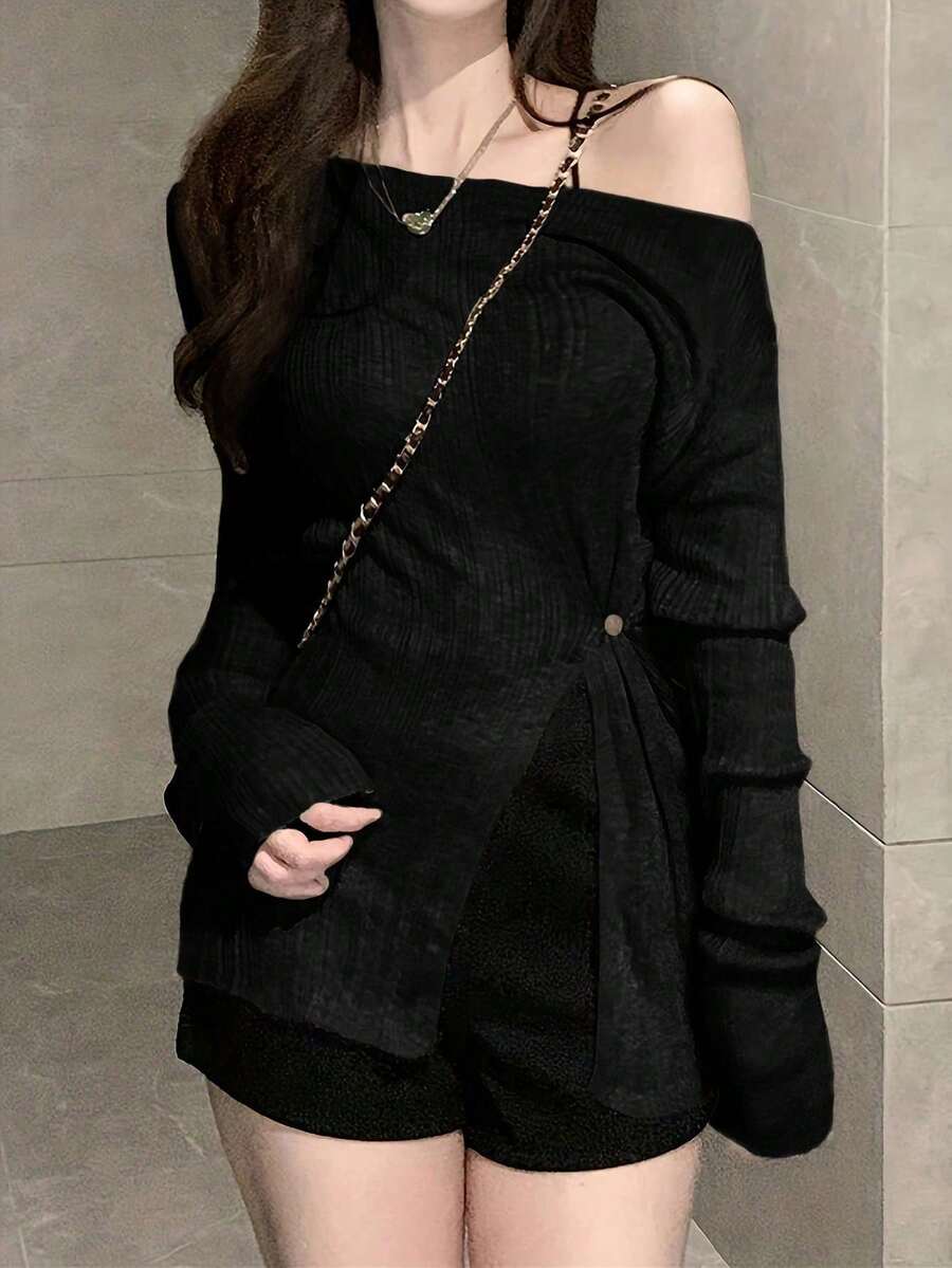 Women's Solid Color Minimalist Daily Wear Asymmetrical Shoulder Long Sleeve Knit Top Black - Black - View 1