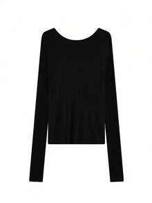 Women's Solid Color Minimalist Daily Wear Asymmetrical Shoulder Long Sleeve Knit Top Black - Black - View 5
