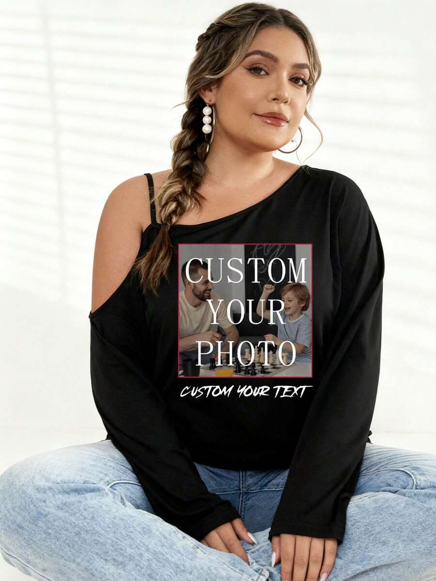 DIY Workshop 1pc Asymmetrical Knitted Camisole With One Shoulder - Long Sleeve,[Customized Products]Women's Plus Size Off-Shoulder Long-Sleeve Top - Women's Plus Size Off-Shoulder Long-Sleeve Top, Customizable With Your Pictures, Photos, And Text - Loose And Soft, Comfortable Fit, Ideal For Street/Hip-Hop Style, Team Activities, And Casual Wear | Streetwear, Personalized Tops, Custom Plus Size Shirts, Customizable Items, Women's Plus Size Sweatshirts, Custom Hoodies, Plus Size Off-Shoulder Long-Sleeve Tops - Black - View 1