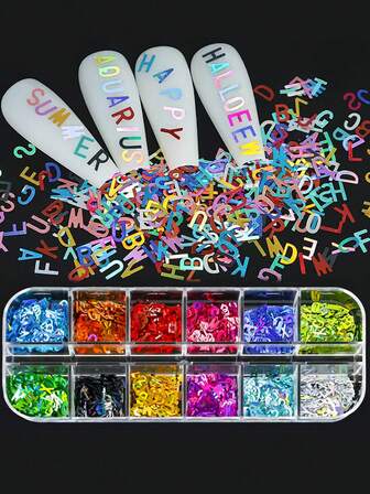 1 Kutu 12 Izgara Renkli 26 Harfli Simli Pullar Tırnak Sanatı Aksesuarları, Manikür İçin Parlak Parçalı Tırnak Sanatı Süslemeleri Kendin Yap Tırnak Takıları Tırnak Mücevherleri Tırnak Malzemeleri