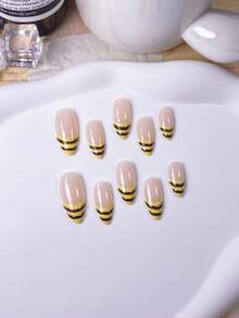 10pcs Handmade Almond-Shaped Yellow & Brown Criss-Cross French Striped Cute Minimalist Chic False Nails - Multicolor - View 5