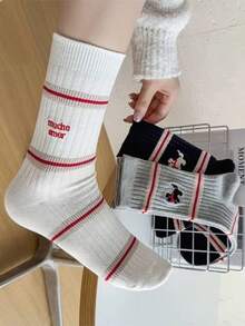 3双韩版条纹刺绣小狗女士独特时尚休闲船袜