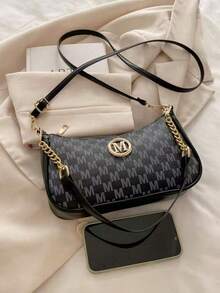 New Fashion Classic Pu Waterproof Fabric M Letter Print Design Metal Chain Decoration Shoulder Crossbody Bag. Suitable For Shopping, Purse, Students, Young Women, Office Women. Perfect For Office, College, Work, Business, Commuting, Outdoor Activities, Travelling And Picnics. - Black - View 3
