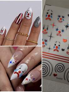 1张小丑马戏团美甲贴纸，卡通自粘美甲贴纸，可爱酷炫的小丑表情带爱心双面美甲贴纸 - 彩色 - 查看 9