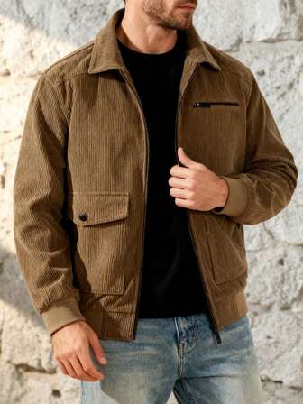 男士秋冬灯芯绒翻领长袖夹克，以及百搭飞行员夹克