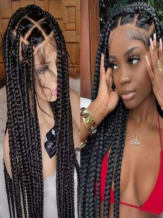 Peluca de trenzas de caja sin nudos con encaje frontal, peluca de trenzas de caja de encaje completo súper larga con pelitos de bebé, pelucas trenzadas sintéticas para