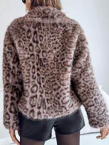 ChicMe Women's Lapel Long Sleeve Faux Fur Short Fluffy Leopard Print Jacket, Warm And Elegant, Suitable For Daily Dates - Mocha Brown - View 4