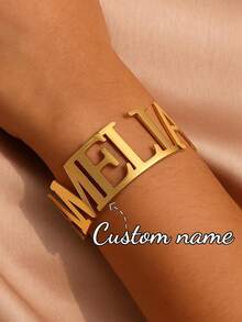 Customized Women's Stainless Steel Bracelet With Personalized Nameplate, Letter, Heart, Butterfly, Crown Charm, Jewelry Gift For Birthday, Valentine's Day, Christmas - Large Gold Bracelet - View 4