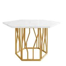 Modern Hexagonal Marble Dining Table, Black Metal Branch Base, Simple Aesthetic Coffee Table, Suitable For Dining Rooms And Living Rooms - Gold - View 4