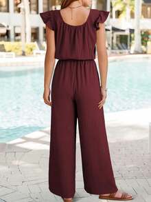 Womens Summer Loose Spaghetti Strap Short Jumpsuit Rompers - Burdeos - Ver 2