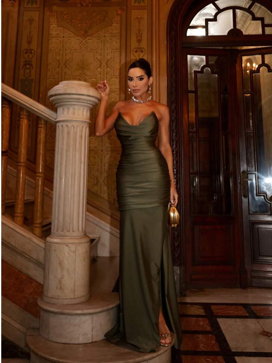 Long Mermaid Strapless Dress With Slit For Weddings, Parties, Proms, Wedding Guests, Formal And Evening Cocktail Parties. - 橄欖綠 - 查看 1