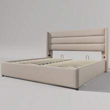 Storage Bed, Upholstered Bed, Hydraulic Double Bed 140x200cm, Wooden Slatted Base, Bed With Metal Slatted Base, Linen, Beige