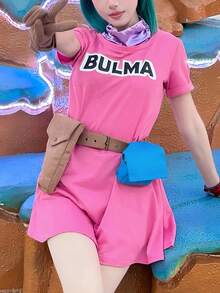 1 pieza Disfraz de cosplay del personaje femenino de anime Ranchi Bulma con vestido rosa, atuendo de animadora, traje de cosplay de anime - Rosa - Ver 1
