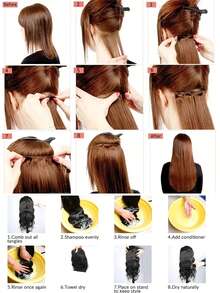 22英寸直发合成假发，7片装直发接发套装，带隐形夹，可延长头发长度 - 彩色 - 查看 3