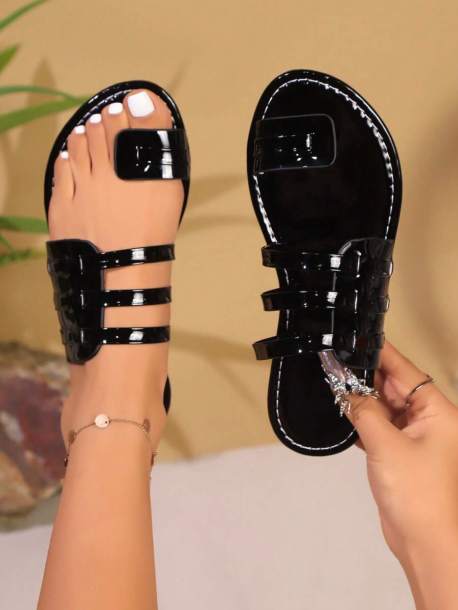 Women's Casual Outdoor Fashion Sexy Classic Soft Comfortable Sequin Mirror Flat Round Toe Women Outdoor Sandals - Black - View 1