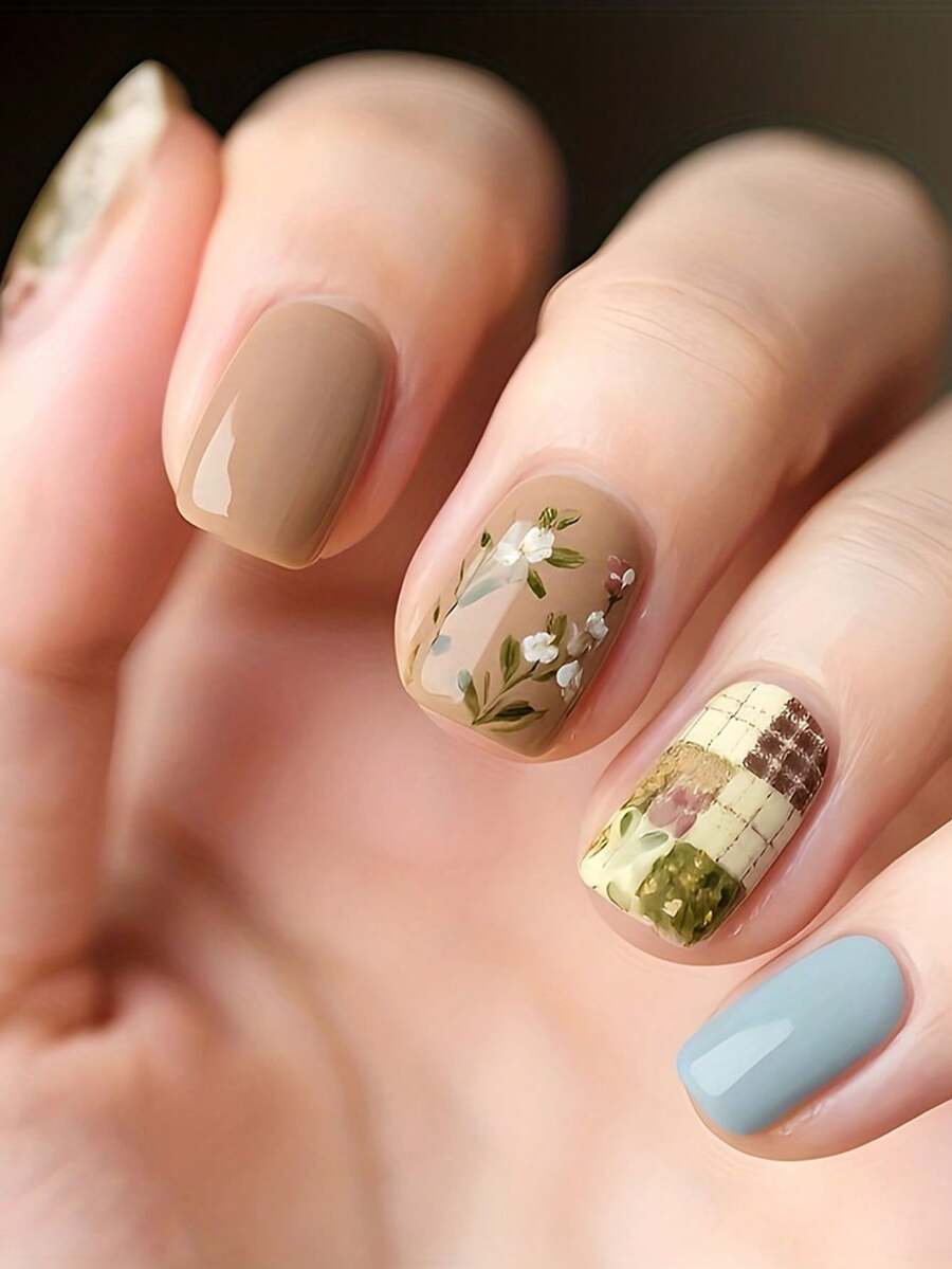 23 unhas postiças curtas quadradas com estampa floral xadrez patchwork para outono/inverno, adesivos de unhas com atmosfera delicada, 12 tamanhos, adequadas para mulheres no outono/inverno e para uso diário em salões de beleza, podem ser usadas como decoração de unhas postiças. Também podem ser usadas como presentes para mulheres. - Multicolorido - Ver 1