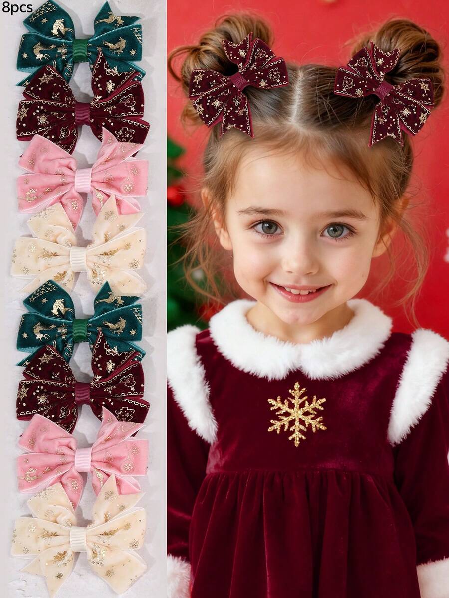 2 buc/8 buc Crăciun culoare solidă fundă agrafe de păr pentru fete, catifea model de Crăciun decor funde agrafe de păr pentru copii, accesorii de păr de Crăciun la modă pentru copii mici cadouri de petrecere de Crăciun