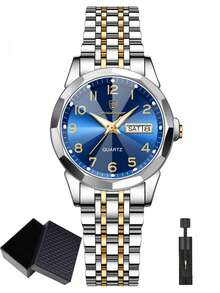 POEDAGAR 1件女士优雅不锈钢蓝色石英腕表，防水，夜光，双日期显示，奢华女士腕表，适合日常佩戴，是送给女性的绝佳礼物。 - 彩色 - 查看 13