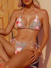 wohenmeili Women's Vacation Beach Leopard Floral Print Halter Bikini Set With Coverup And Skirt, 3-Piece Set - Light Brown - View 6