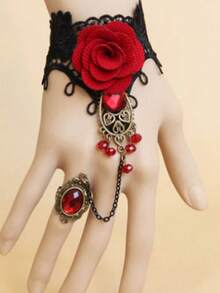 3pcs Gothic Punk Jewelry Set - Halloween Vampire Black Lace Necklace, Bracelet, Earrings Set With Red Faux Crystal - Alloy No Plating, Suitable For Party, Holiday And Female Cosplay Accessories