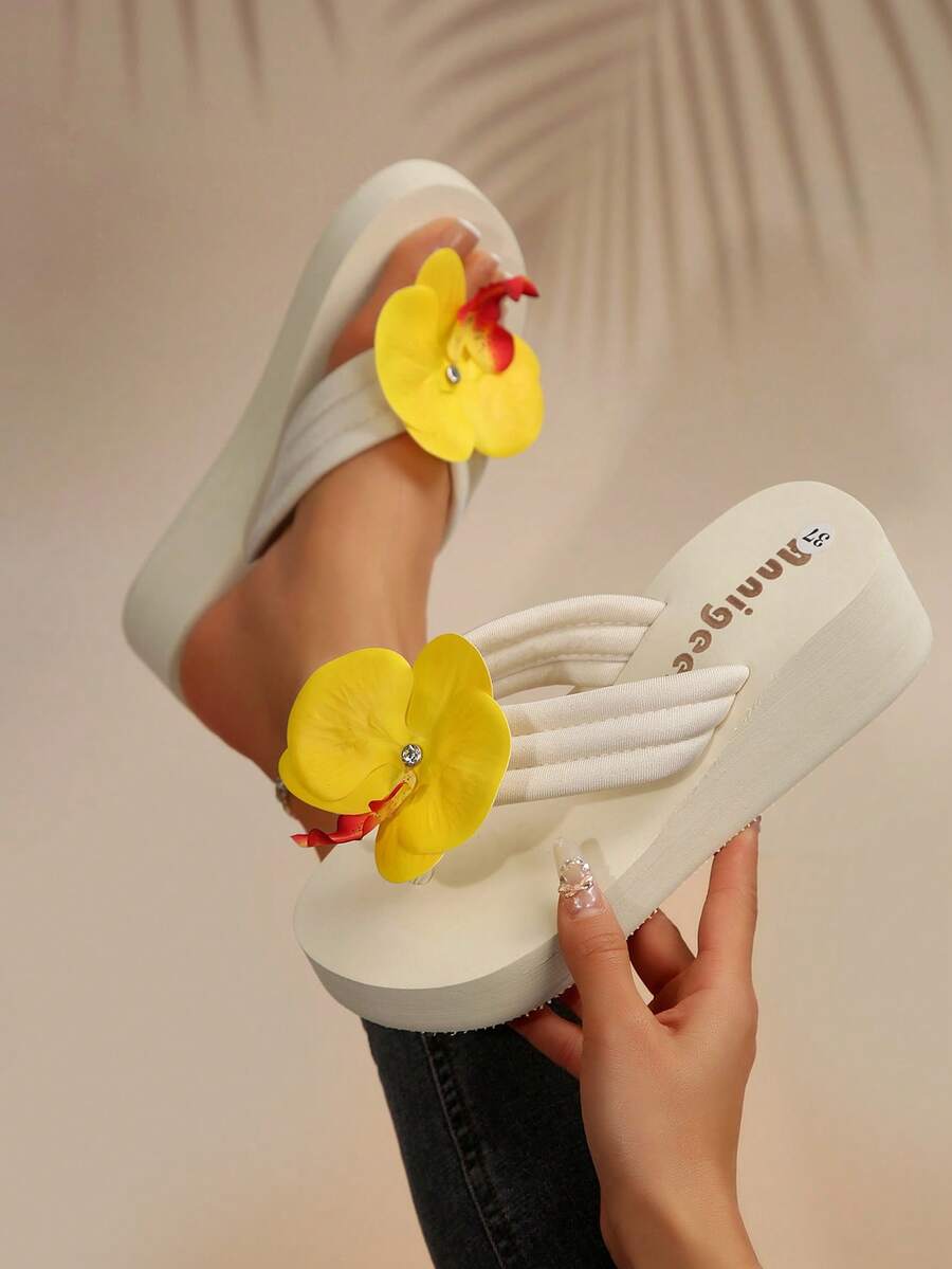 Giày sandal đế dày thời trang thường ngày dành cho nữ, dép xỏ ngón đi biển mùa hè có họa tiết hoa giả, dép xỏ ngón chống trượt EVA nhẹ và thoải mái
