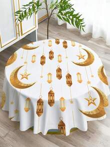 1件斋月系列印花桌布，金色星月图案，现代涤纶材质，长方形/圆形防水，数码印花，适用于客厅、户外用餐、小型圆桌。 - 彩色 - 查看 5