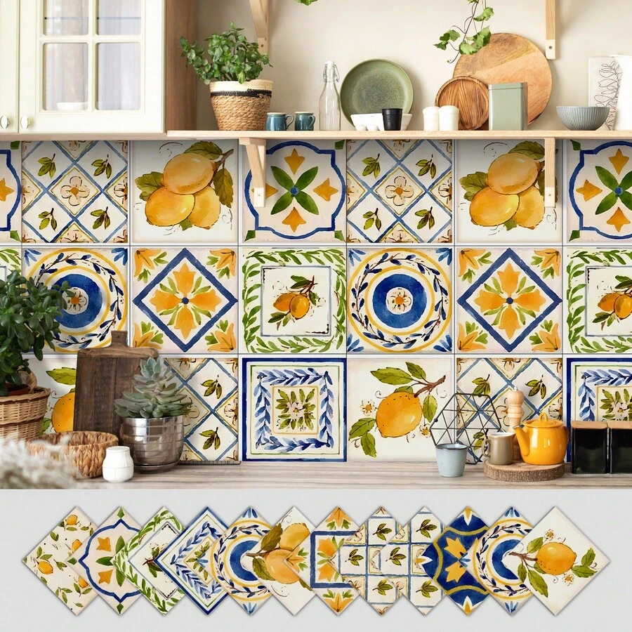 12pcs Bohemian Floral Ceramic Tile Stickers, Self-Adhesive PVC Stickers For Kitchen Backsplash, Bathroom And Stair Walls - Easy To Apply And Remove, 10/15/20cm*12pcs - Multicolor - View 1