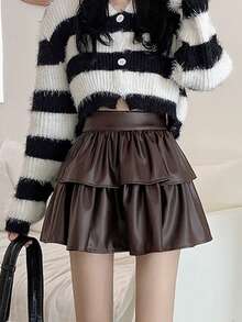 女士时尚PU蛋糕迷你裙，秋冬