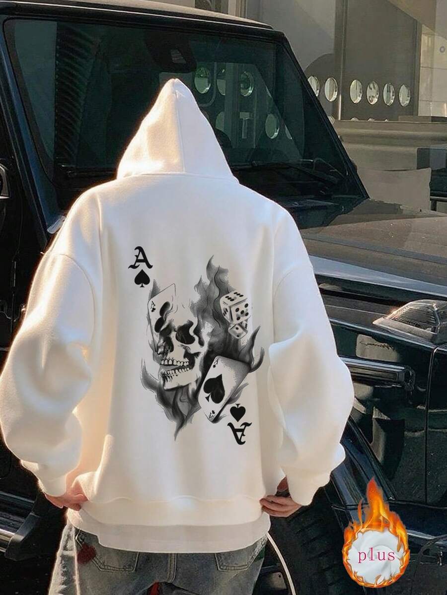 Sudadera con capucha de moda para hombres de otoño e invierno, impresa, con forro de terciopelo, sudadera deportiva casual holgada de versión amplia XZ053 -S - Blanco - Ver 1