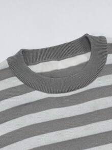 男士宽松休闲街头风圆领短袖针织衫，复古商务休闲风，春夏款 - 灰色 - 查看 4