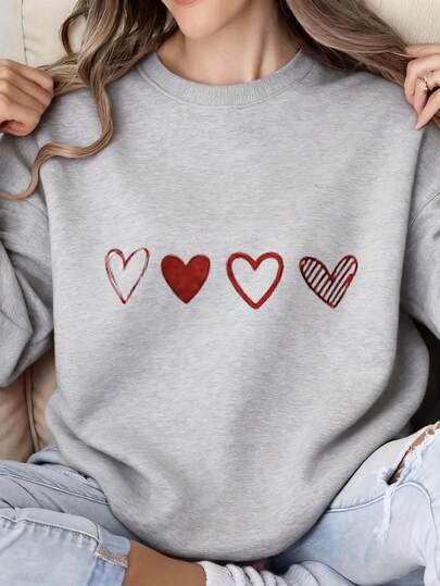 Women's Oversized Grey & Burgundy Heart Pattern Crewneck Sweatshirt - White Casual Sweater With Maroon Hearts, All-Season Layering Top, Machine Washable Round Neck Shirt For Valentine's Day & Casual AttireWomen's Sweatshirt