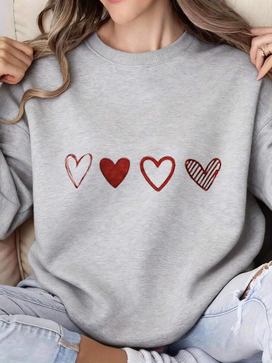 Women's Oversized Grey & Burgundy Heart Pattern Crewneck Sweatshirt - White Casual Sweater With Maroon Hearts, All-Season Layering Top, Machine Washable Round Neck Shirt For Valentine's Day & Casual AttireWomen's Sweatshirt - Màu Xám nhạt - Xem 1