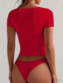 XLLAIS Áo thun nữ tay ngắn cổ vuông màu trơn, dáng ôm co giãn, màu đỏ, kiểu dáng thường ngày mùa hè, phiên bản đón năm mới. - Đỏ - Xem 6