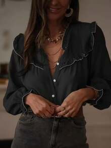 Áo kiểu nữ cao cấp độc đáo, xếp ly, viền bèo kiểu Pháp, cài một hàng khuy, thích hợp cho mùa xuân. - màu đen - Xem 4