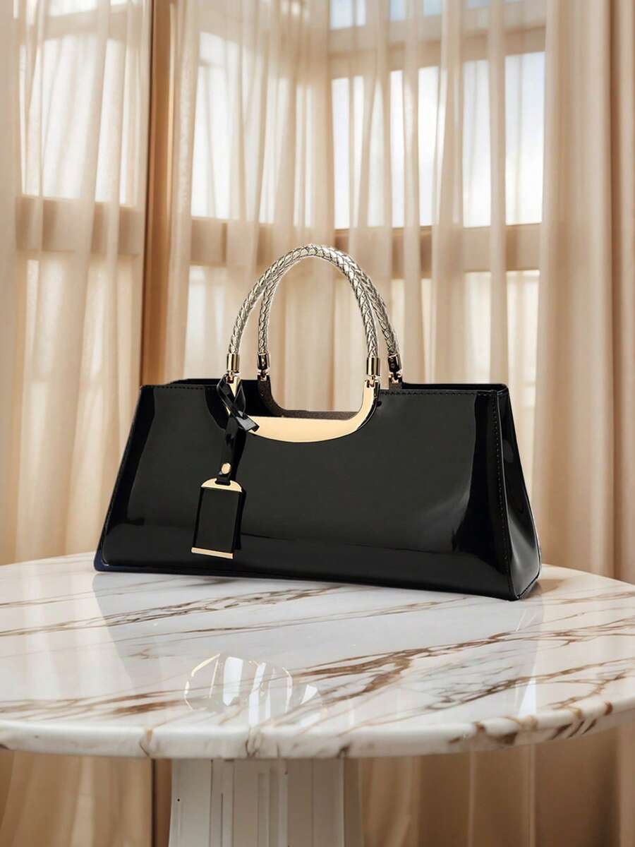 Women's Stylish Tote Bags Patent Leather Shoulder Bags Top Handle HandBags Valentine's Date Night Purse With Zipper Closure For Wedding Office Party - màu đen - Xem 1