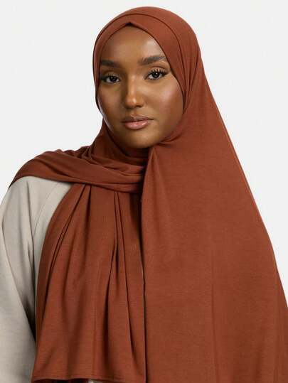 1pc Women's Simple Classic Solid Color Elegant Casual Edged Scarf, Premium Knit Fabric Viscose Jersey Hijabs Scarf, Long Turban Style Headscarf, Suitable For Daily Life, Outings And Gatherings