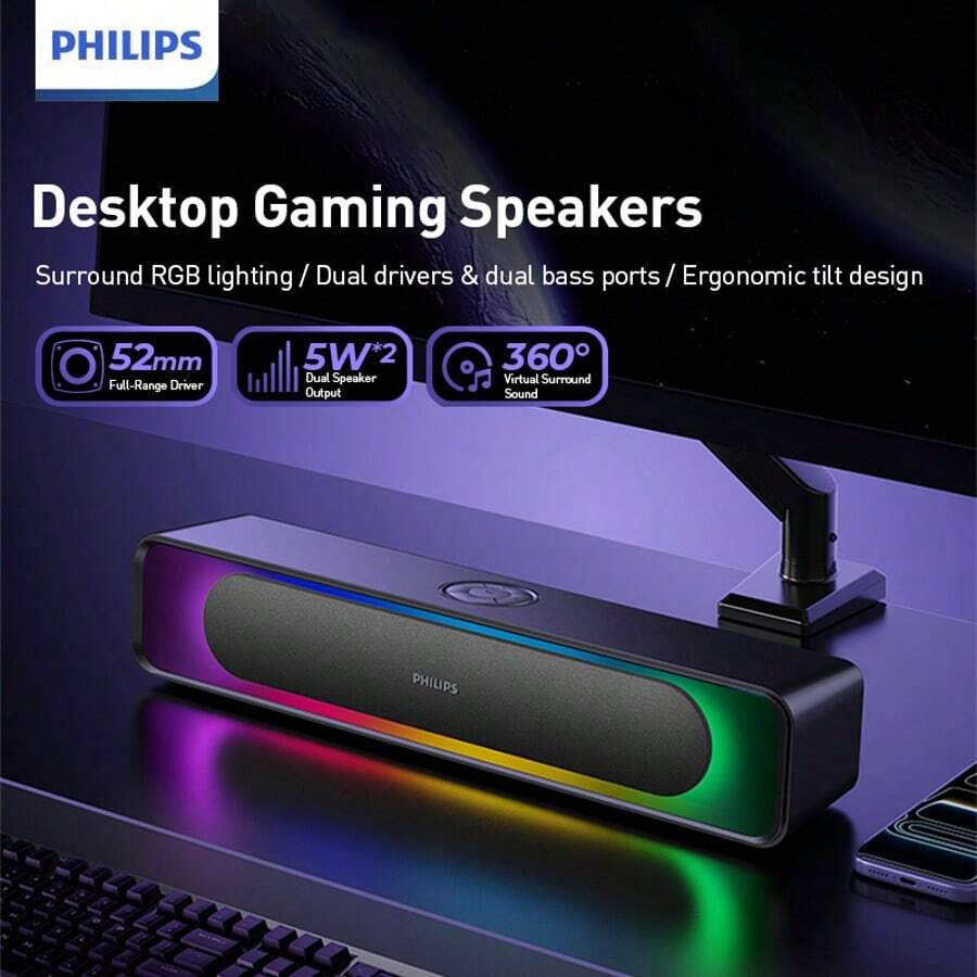 PHILIPS Desktop Gaming Bluetooth Speaker, 4-Unit Stereo Effect Speaker System With RGB Lighting, USB Or Bluetooth Connect, Compatible With PC/Laptop/Phone