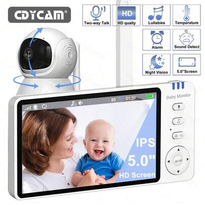CDYCAM 5,0 Zoll Drahtloses Video-Babyphone mit IPS-Bildschirm, Nanny-PTZ-Kamera, Zwei-Wege-Audio, VOX, Schlafliedkamera, drahtloser Schutz, Bewegungserkennung, intelligente Nanny-Kamera, elektronisches Baby-/Kindermädchen, Zwei-Wege-Audio, Nachtsicht, Füttern mit Temperaturanzeige, Bildschirm mit langer Akkulaufzeit, Nachtsicht, USB-Aufladung