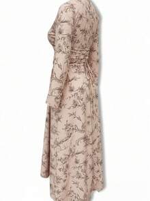 Yellow Ditsy Floral Maxi Dress, Flared Sleeves, Waist Cinched Design, Modest Style, Comes With Headscarf. Casual Arabic Style Muslim Women Clothing Set With Headscarf.