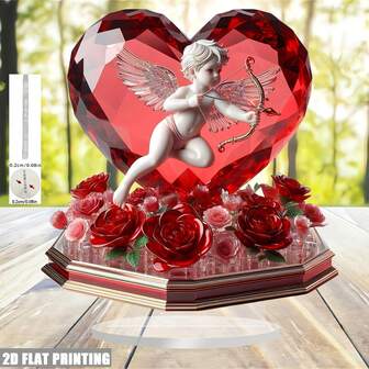 Decoración de Cupido de acrílico hecho a mano 2D con corazón de rosa - Regalo de San Valentín floral rojo, estatua romántica clásica adecuada para decoración estacional de hogar/oficina (sin batería requerida, adorno de Halloween Navidad 2D), plano 2D, decoración navideña