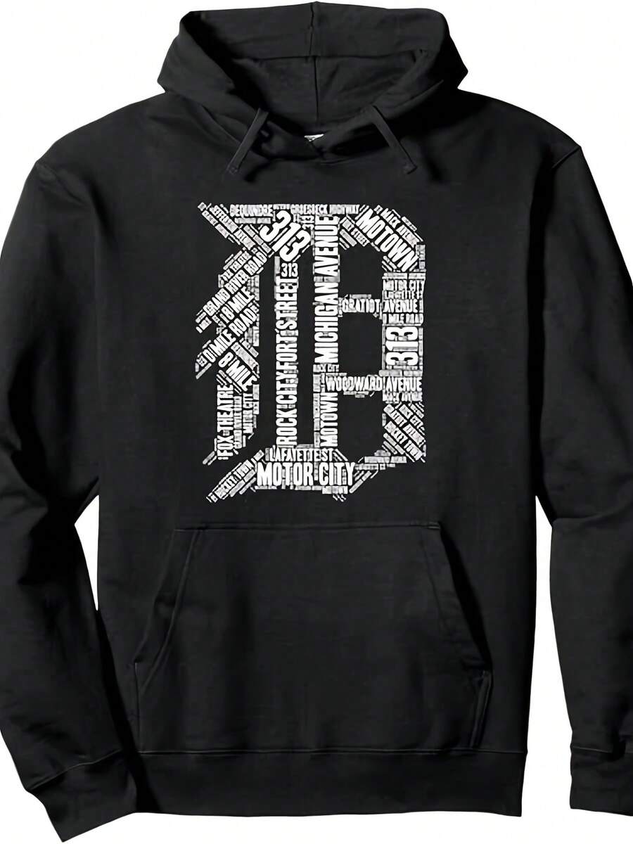 Men's Detroit Logo Graphic Hoodie - Heavy-Duty Pullover Sweatshirt With Kangaroo Pocket, Loose Fit Hooded Sweatshirt For Casual Wear, Car Enthusiast Outfits (Motor City Design) - Machine Washable Detroit-Themed Apparel - 黑色 - 查看 1