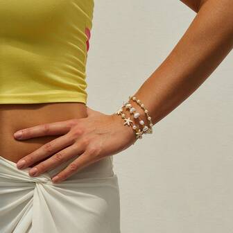 Set de 3 piezas de collar y pulsera con perlas falsas, conchas y estrellas de mar en capas asimétricas de arcilla suave para playa, para mujeres