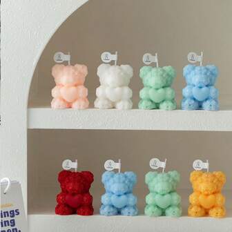 1pc Valentine's Day White Heart-Shaped Bear Candle Silicone Mold, Handmade Plaster, Candle, Fragrance Decor, Holiday Gift Item, Easy Demold, Reusable