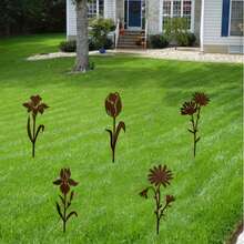 5件套复古锈蚀金属花卉花园插牌 - 户外、庭院和草坪装饰铁艺