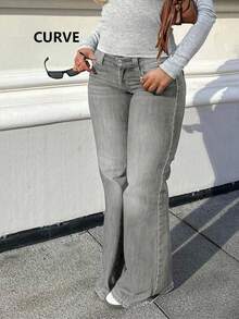 Plus Size Women's Flare Jeans, With Pockets, Button, Zipper And High Stretch Fabric - Light Grey - View 6
